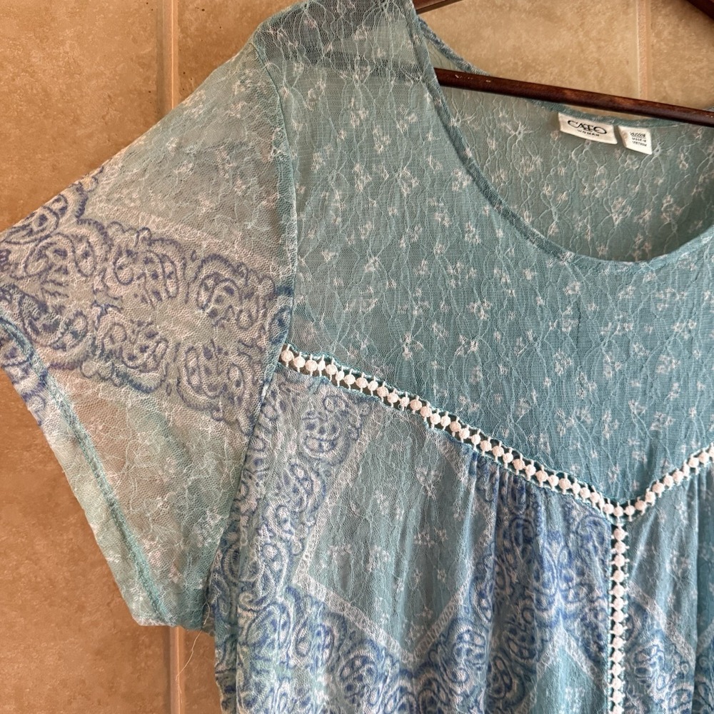 Cato Blue Teal Mesh Top 26/28W Ethereal Boho Whimsical Flowy Airy Semi Sheer - Picture 3 of 14